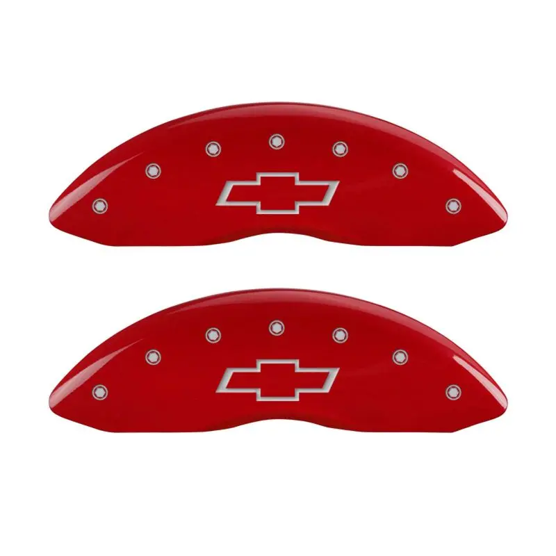 Mgp Engraved 4-Piston Caliper Covers – Front & Rear, Bowtie Design, Red Finish Over Silver Base 1