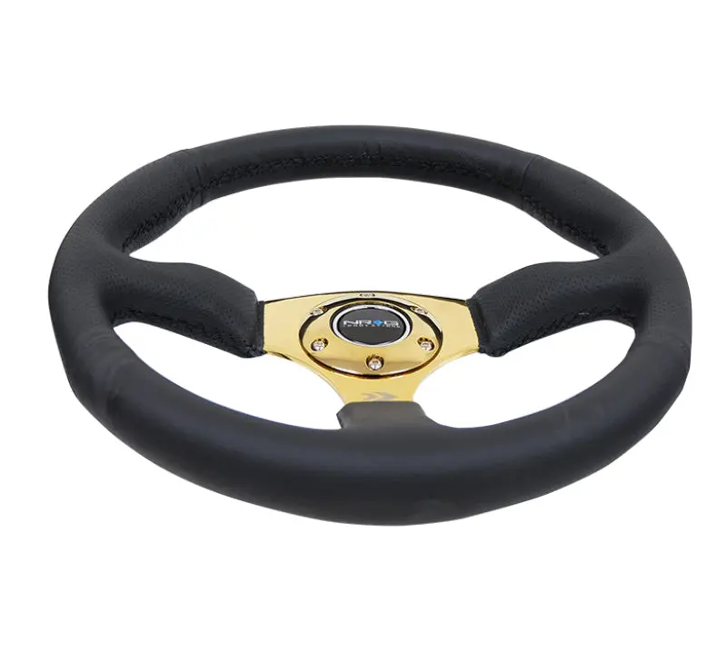 Nrg Reinforced 350Mm Racing Steering Wheel — Leather-Wrapped, 2.5" Depth, Gold 4Mm Spokes 1