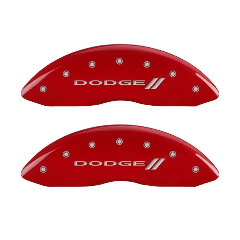 Mgp Engraved 4-Piston Caliper Covers – Front & Rear, Dodge Red Stripe Design With Brushed Silver Finish 1